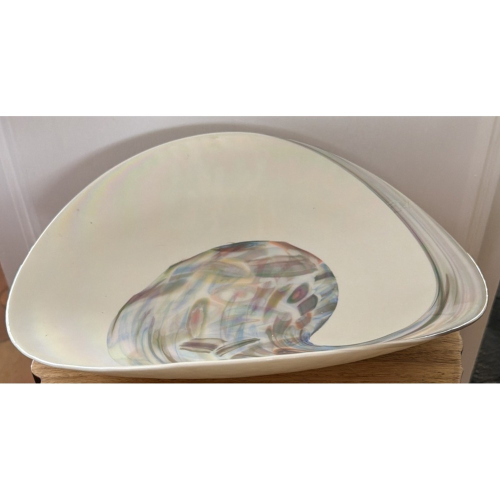 Y2K Murano Art Glass Centerpiece Bowl Fossile Folded Italy Mother of Pearl 15"
